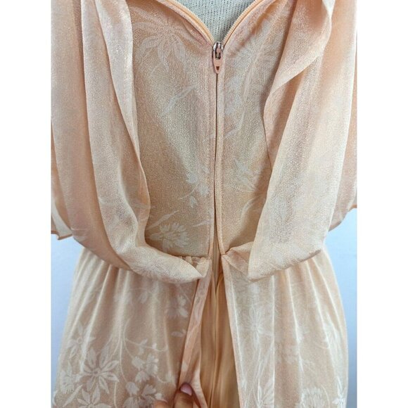 Vintage 70s Chiffon Dress Split Sleeve Maxi Capelet Peach Floral Split Sleeve - Picture 7 of 16